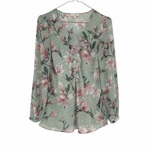Laura Pastel green pink textured sheer  floral top